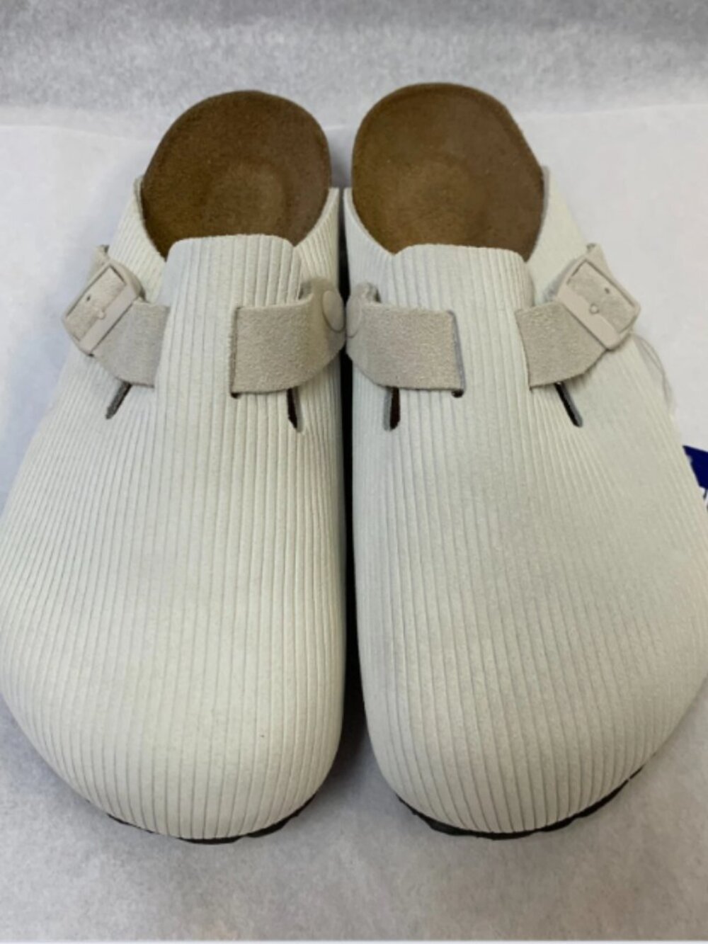 Birkenstock Boston Corduroy Antique White Suede Embossed Regular Width Sandals
